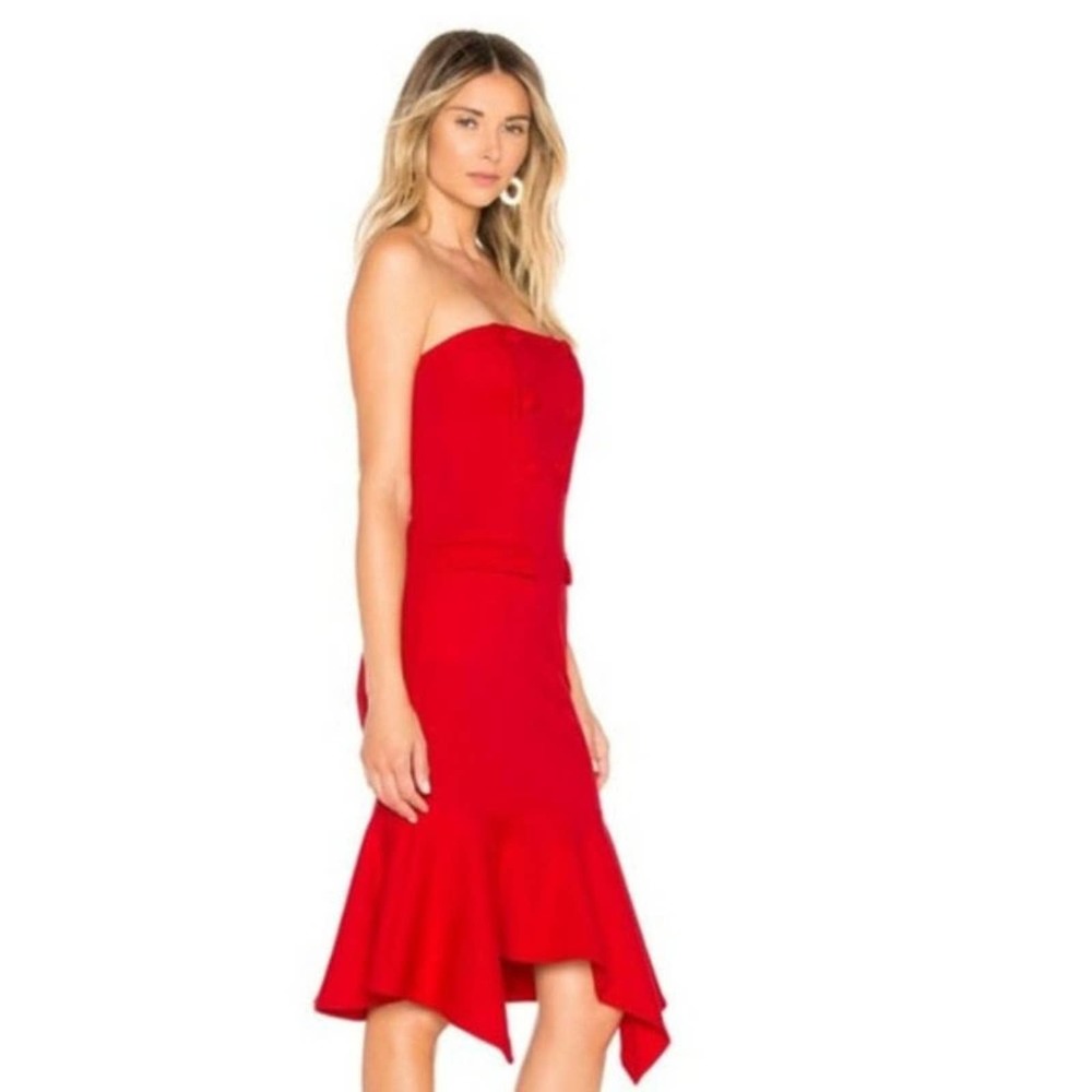 X Revolve Chrissy Teigen Red Midi Dress Landon Bodycon Ruffle Strapless Pencil S - Picture 2 of 7